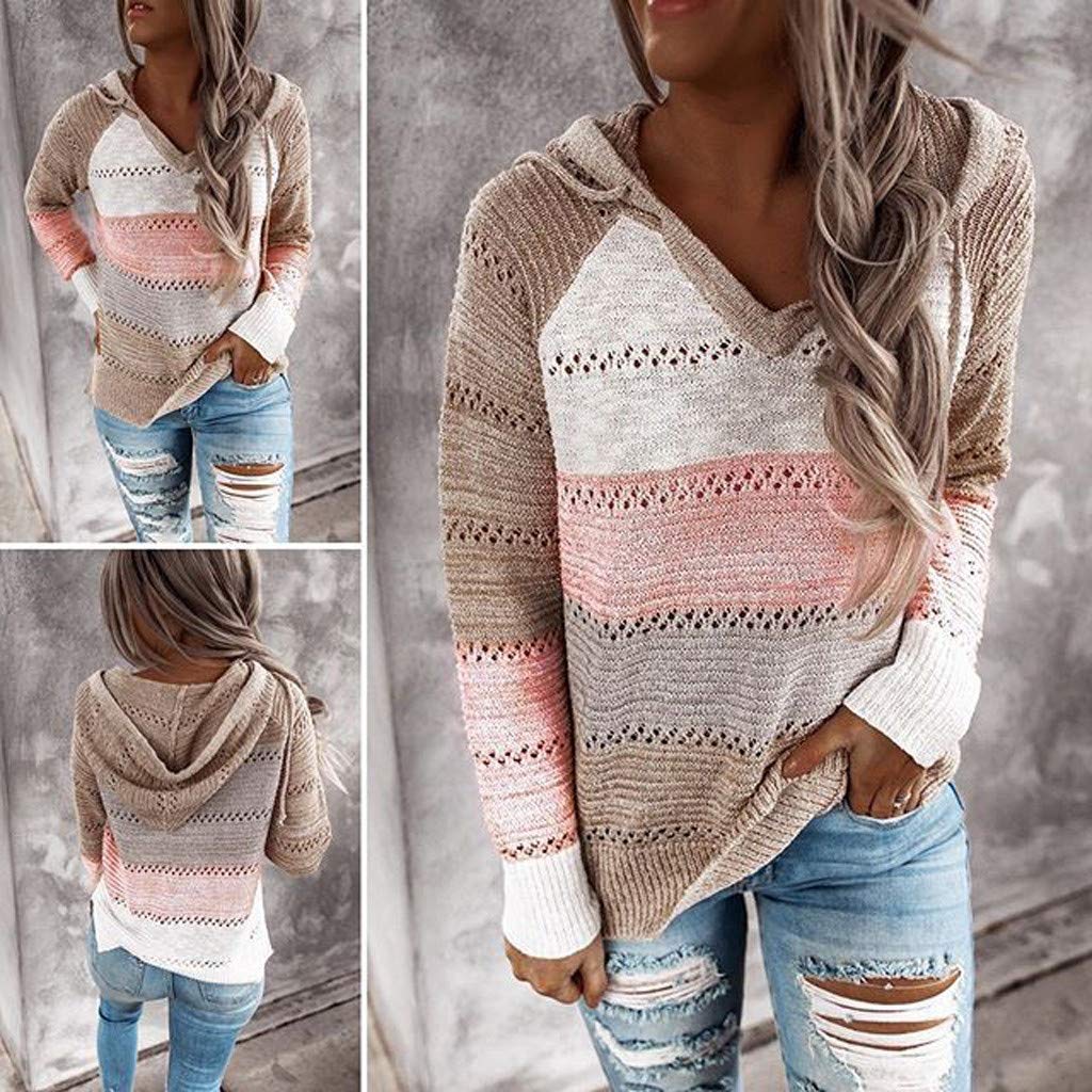 Women's Hoodies Color Block Knit Sweaters Long Sleeve V Neck Drawstring Loose Pullover Sweatshirts Streetwear