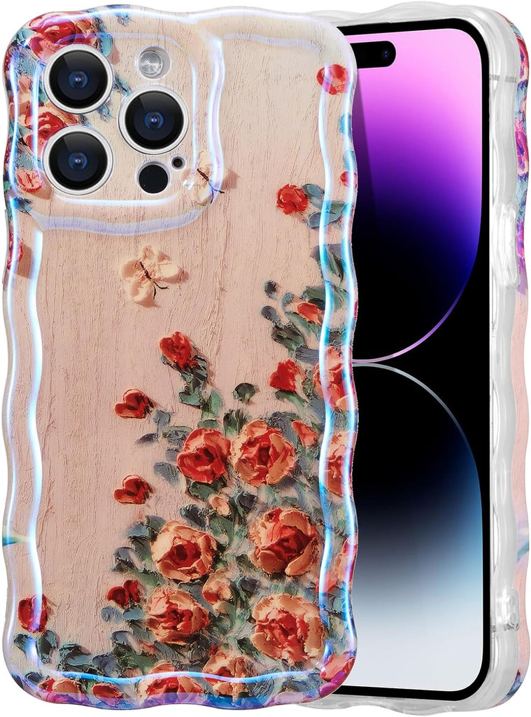 Case for iPhone 13 Pro Max, Colorful Retro Oil Painting Printed Flower Laser Glossy Pattern Cute Curly Wave Edge Exquisite, Stylish Durable TPU Protective Phone Cover for Girls Women