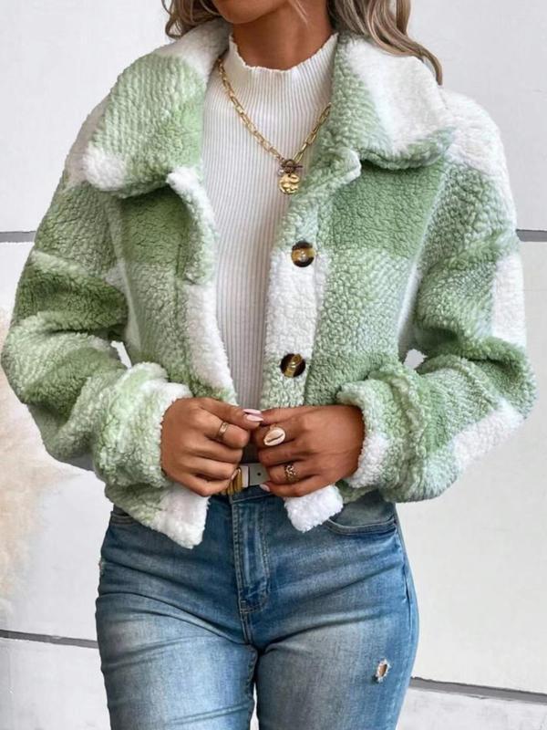 Women's 2023 New Stylish Christmas Plaid Jacket, Trendy Warm Long Sleeve Faux Fur Jacket for Fall & Winter, Women's Winter Clothes for Office Outfits