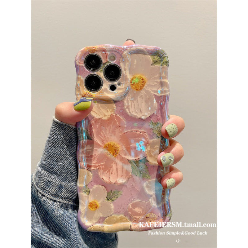 Case for iPhone 13 Pro Max, Colorful Retro Oil Painting Printed Flower Laser Glossy Pattern Cute Curly Wave Edge Exquisite, Stylish Durable TPU Protective Phone Cover for Girls Women