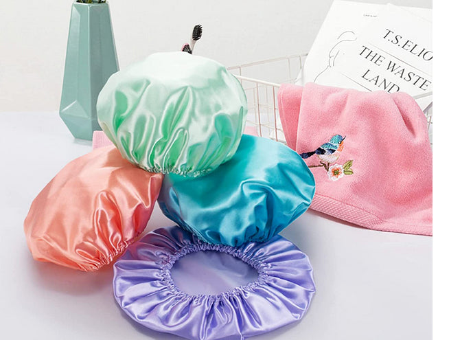 4pcs Solid Color Elastic Hair Bonnet, Double Layer Waterproof Shower Cap, Hair Drying Cap For Women