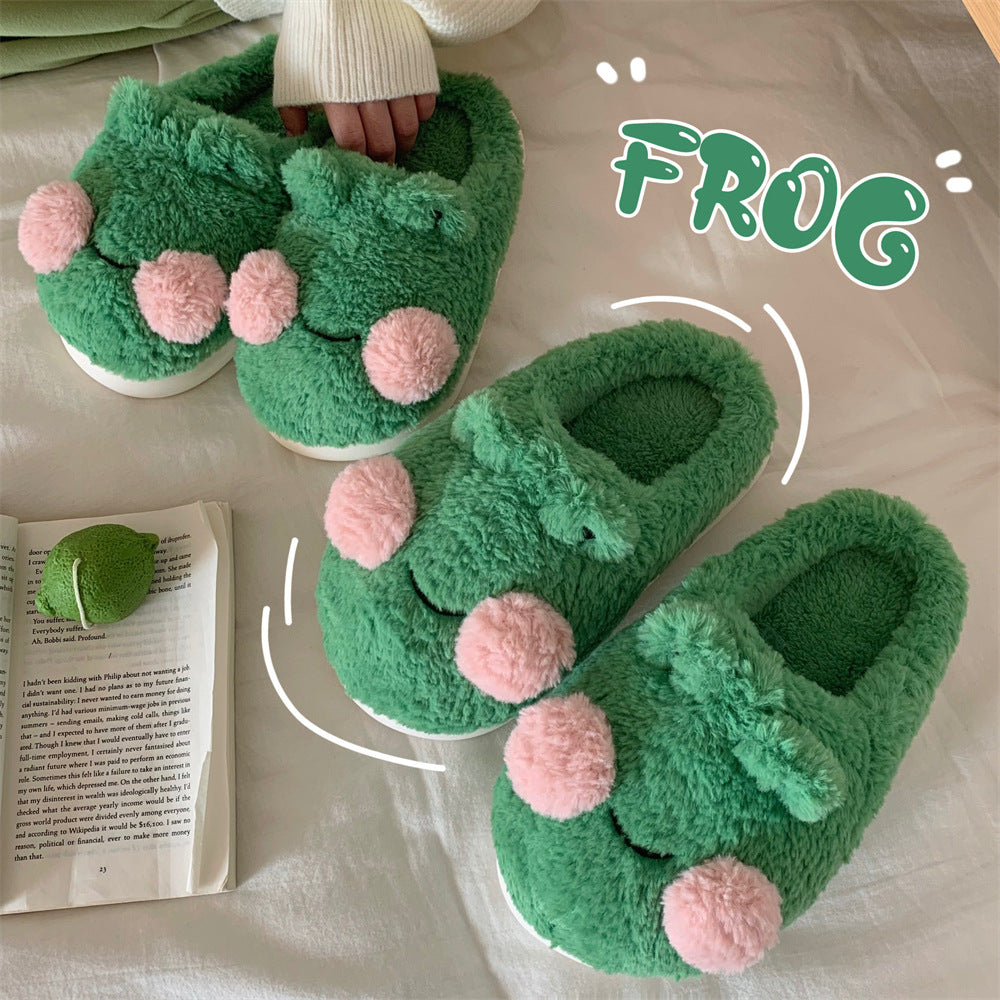 Women's Cute Cartoon Frog Design Slide Slippers for Girls, Winter Plush Warm Bedroom Fuzzy Slippers, Non-slip Comfortable Home Footwear & Walking Shoes, Holiday Gifts