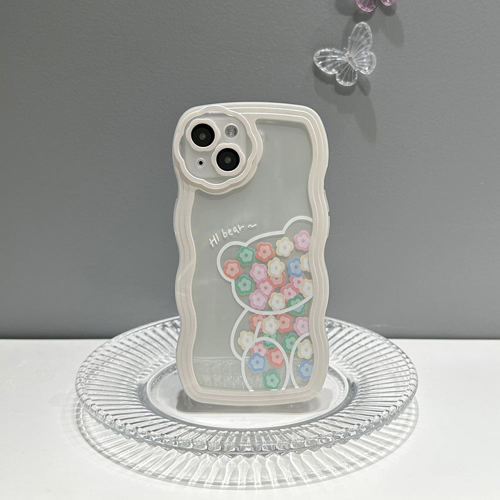 Compatible with iPhone 14 Case Clear with Floral Bear Design for Men Women Girls,Aesthetic Cute Wavy Flowers Soft Shockproof Cell Phone Cover for iPhone 14