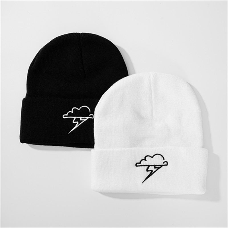 1 Piece  Cloud & Lightning Pattern Embroidery Hat, Fashion Warm Knitted Hat, Simple Plain Beanie for Autumn and Winter, Unisex