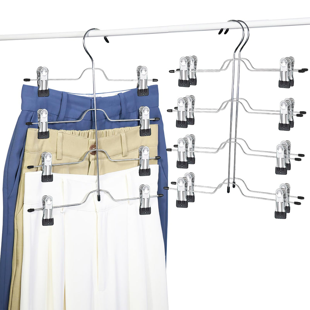 4-Tier Skirt Hangers, Pants Hangers with Clips - Non-Slip, Space Saving, Adjustable Clips, Suitable for Skirts, Shorts, Kids Clothing (3-Pack)