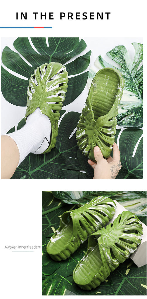 Monstera Slippers, Monstera Leaf Slides, Monstera EVA Thick Sole Pillow Slippers, Non Slip Quick Drying Breathable Beach Monstera Slides for Women Men