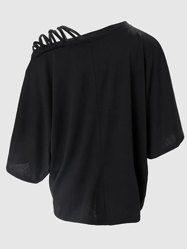 Women's 3/4 Batwing Sleeve Asymmetrical Neck Tee, Casual Black Cut Out T-Shirt, Spring & Summer Top, Ladies Clothes
