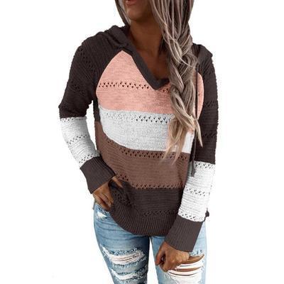 Women's Hoodies Color Block Knit Sweaters Long Sleeve V Neck Drawstring Loose Pullover Sweatshirts Streetwear