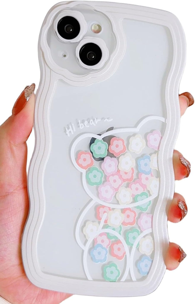 Compatible with iPhone 14 Case Clear with Floral Bear Design for Men Women Girls,Aesthetic Cute Wavy Flowers Soft Shockproof Cell Phone Cover for iPhone 14