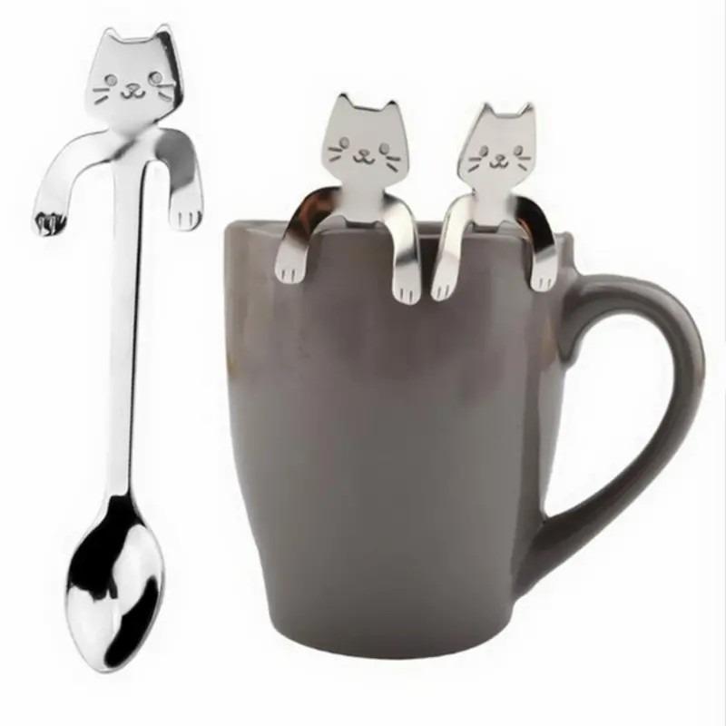 1 Piece Stainless Steel Cat Design Hanging Spoon, Coffee Tea Cup Spoons For Home Use