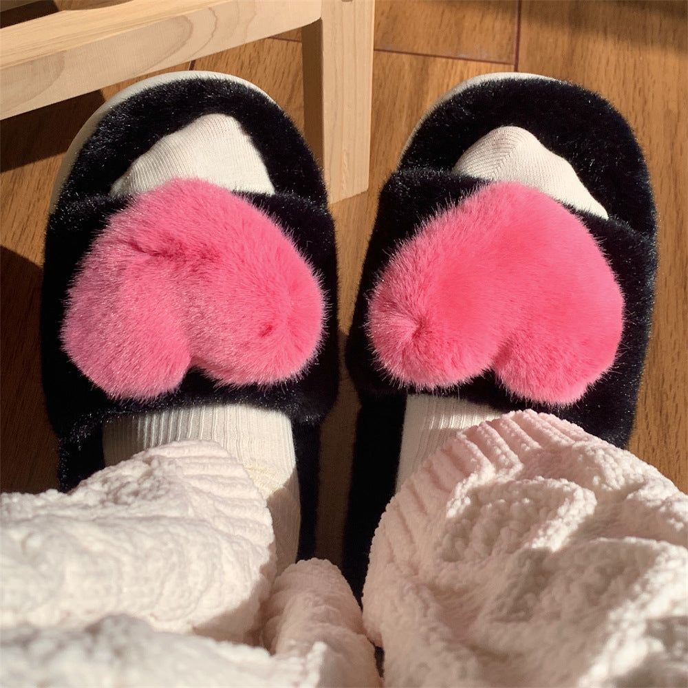 1 Pair Women's Heart Design Plush Slippers, Warm Bedroom Slippers,  Fluffy Winter House Shoes Indoor And Outdoor For Women & Girls