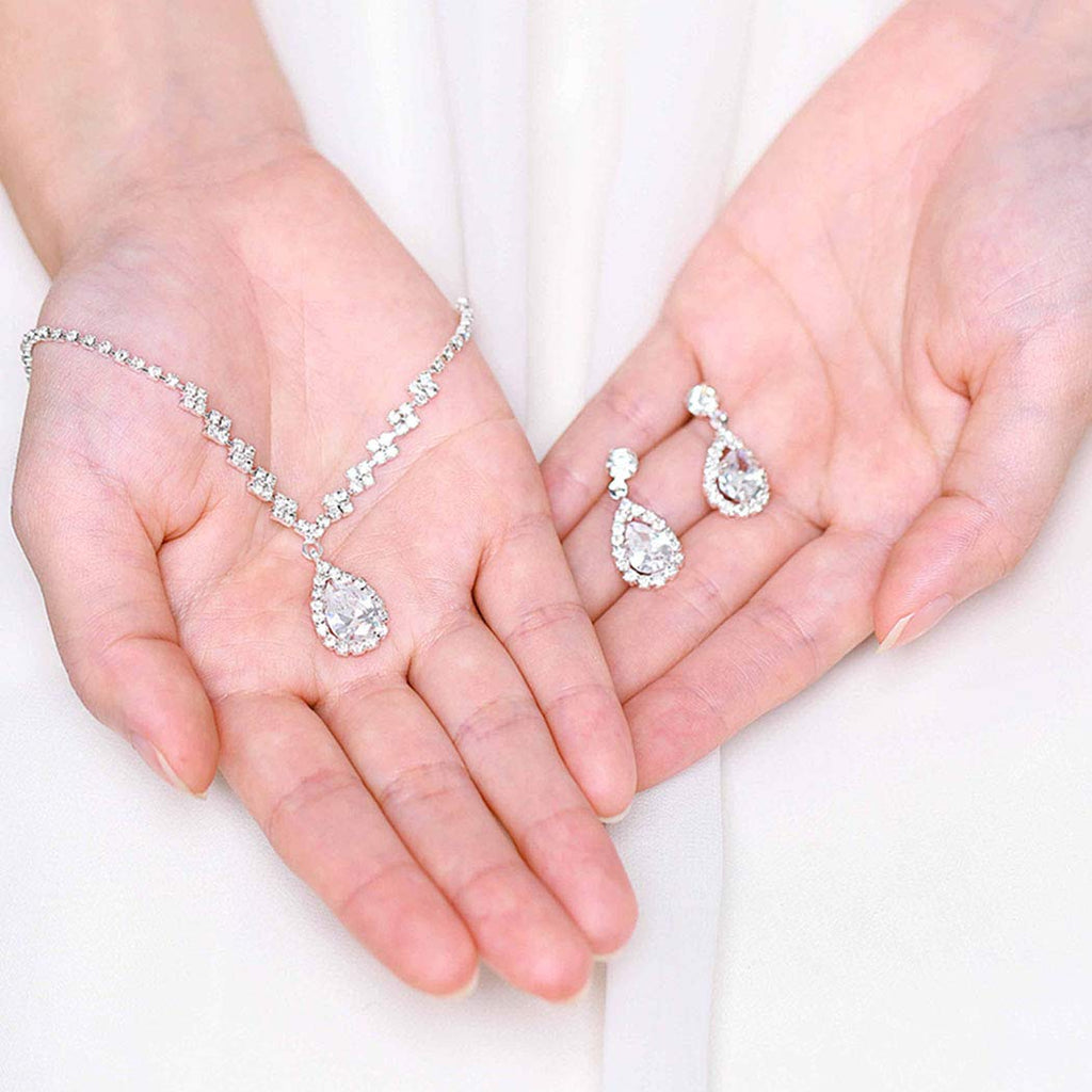 Bride Wedding Necklace Earrings Set Silver Rhinestones Necklaces Bridal Crystal Jewelry Accessories for Women and Girls (Set of 3)