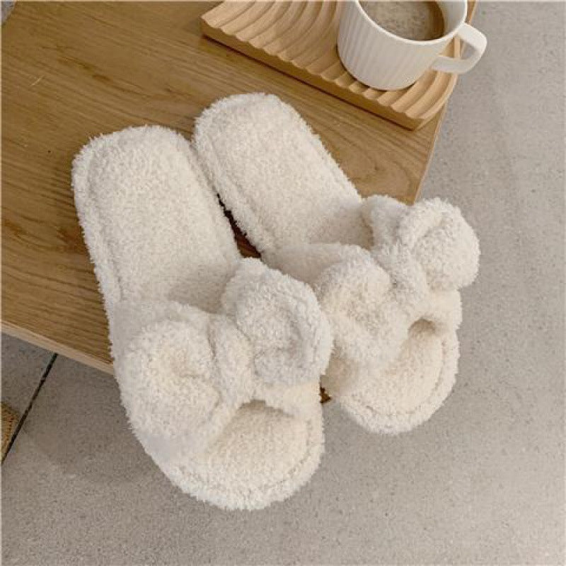 Women's Solid Color Bowknot Decor Fluffy Slippers, Cute Open Toe Bedroom Slippers, Warm Home Slippers For Fall & Winter Wear