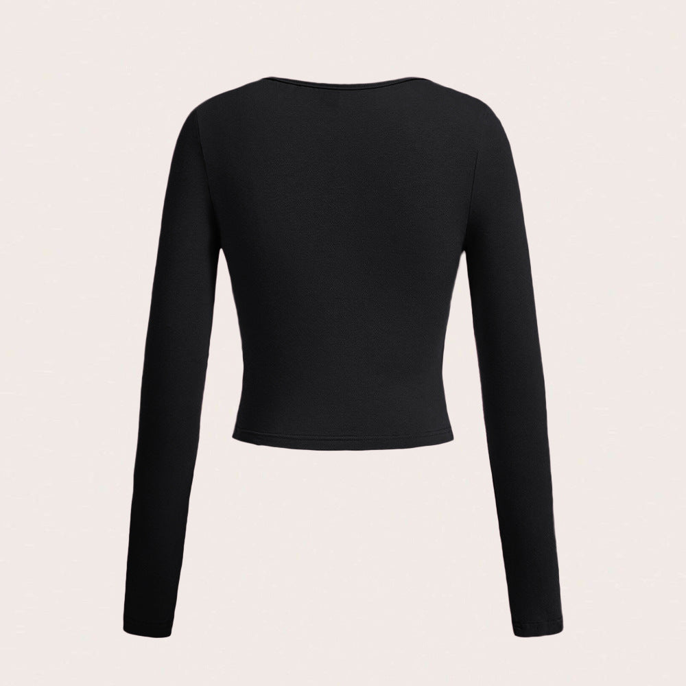 Women's Plain Cut Out Tie Neck Tee, Solid Long Sleeve T-shirt for Daily Wear, Casual Fashionable Tops for Fall & Winter