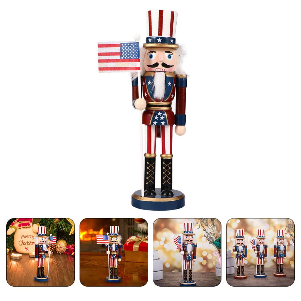 1pc Nutcracker Soldier Ornament Wooden Walnut Soldier Ornament Patriotic Nutcracker Christmas Party Decoration Nutcracker Christmas Decor Desktop USA Flags Painted Doll Lotus Tree