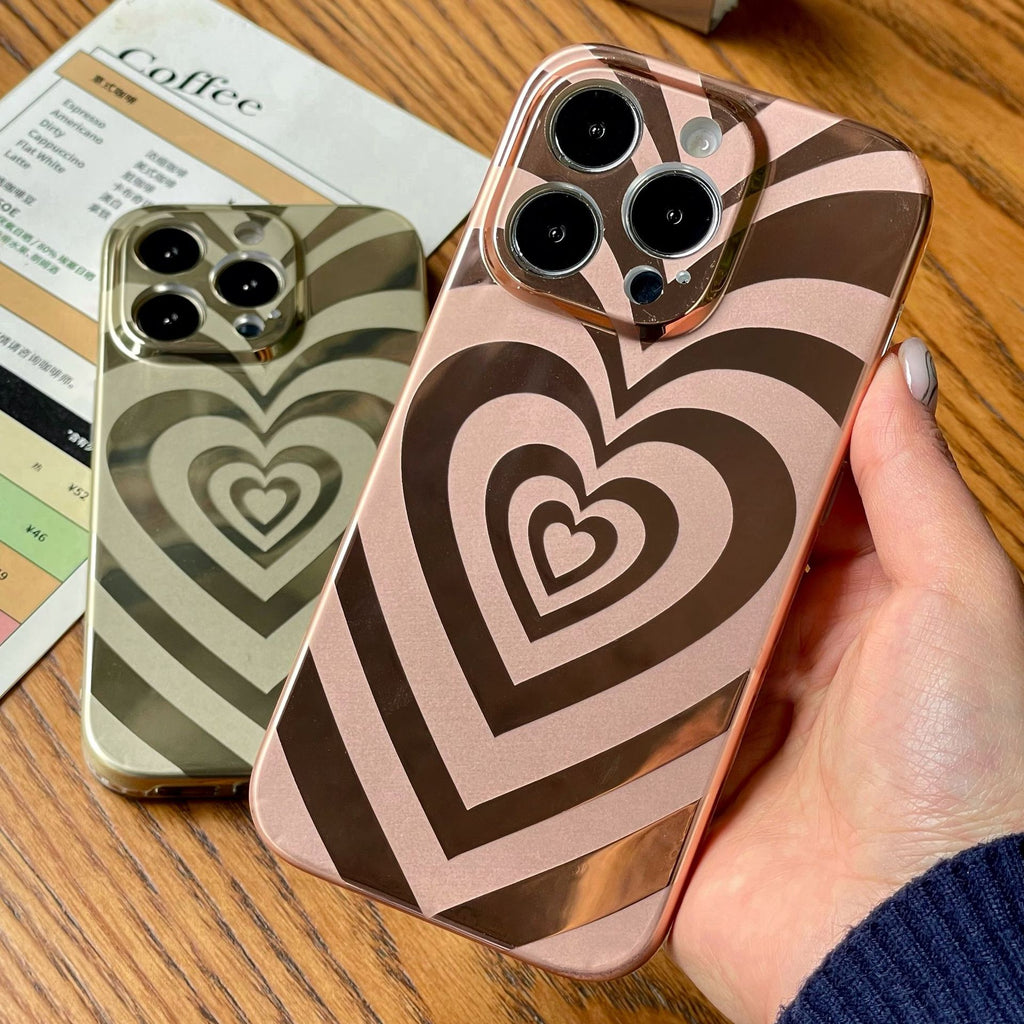 Case for iPhone 11, Cute Electroplated Multi-Layer Love Heart Pattern Latte Valentines Art Aesthetic Swirl Graphic Phone Case Slim Shockproof Hard PC Bumper Cover for Girls Women