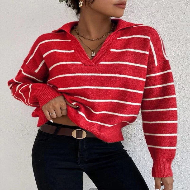 Women's Striped Collar V Neck Knitted Sweater, GTrendy Casual Preppy Comfy Long Sleeve Knit Pullover Jumper for Autumn Winter, Korean Style Clothes, Women 2023 Clothes