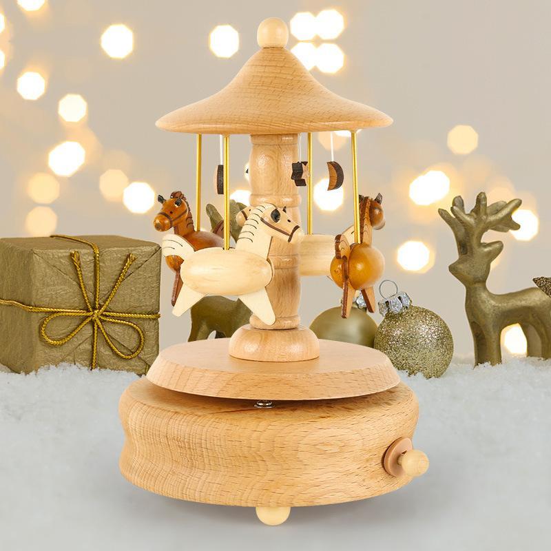 Carousel Music Box Wooden Merry-Go-Round Horse Musical Box Turn Horse Shaped Wood Crafts Birthday Christmas Gifts Home Decor