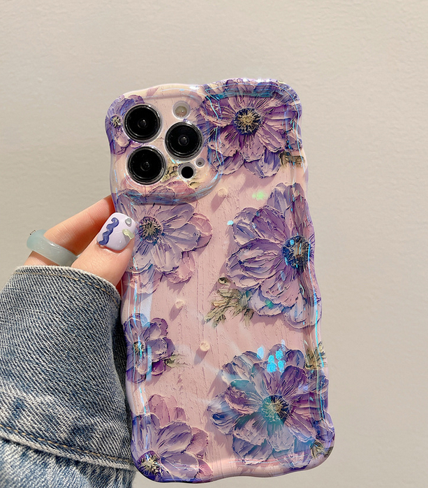 Case for iPhone 13 Pro Max, Colorful Retro Oil Painting Printed Flower Laser Glossy Pattern Cute Curly Wave Edge Exquisite, Stylish Durable TPU Protective Phone Cover for Girls Women