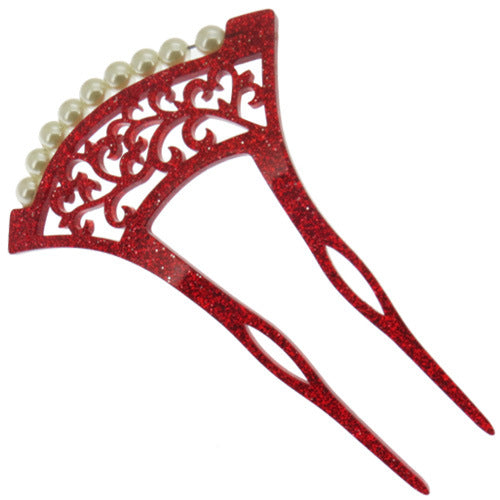 U Shape Hair Fork Clips for Women,Acrylic Hollow Hair Stick Barrettes Vintage Pearl Hair Accessory Hair Pin for Buns,Red hairpin