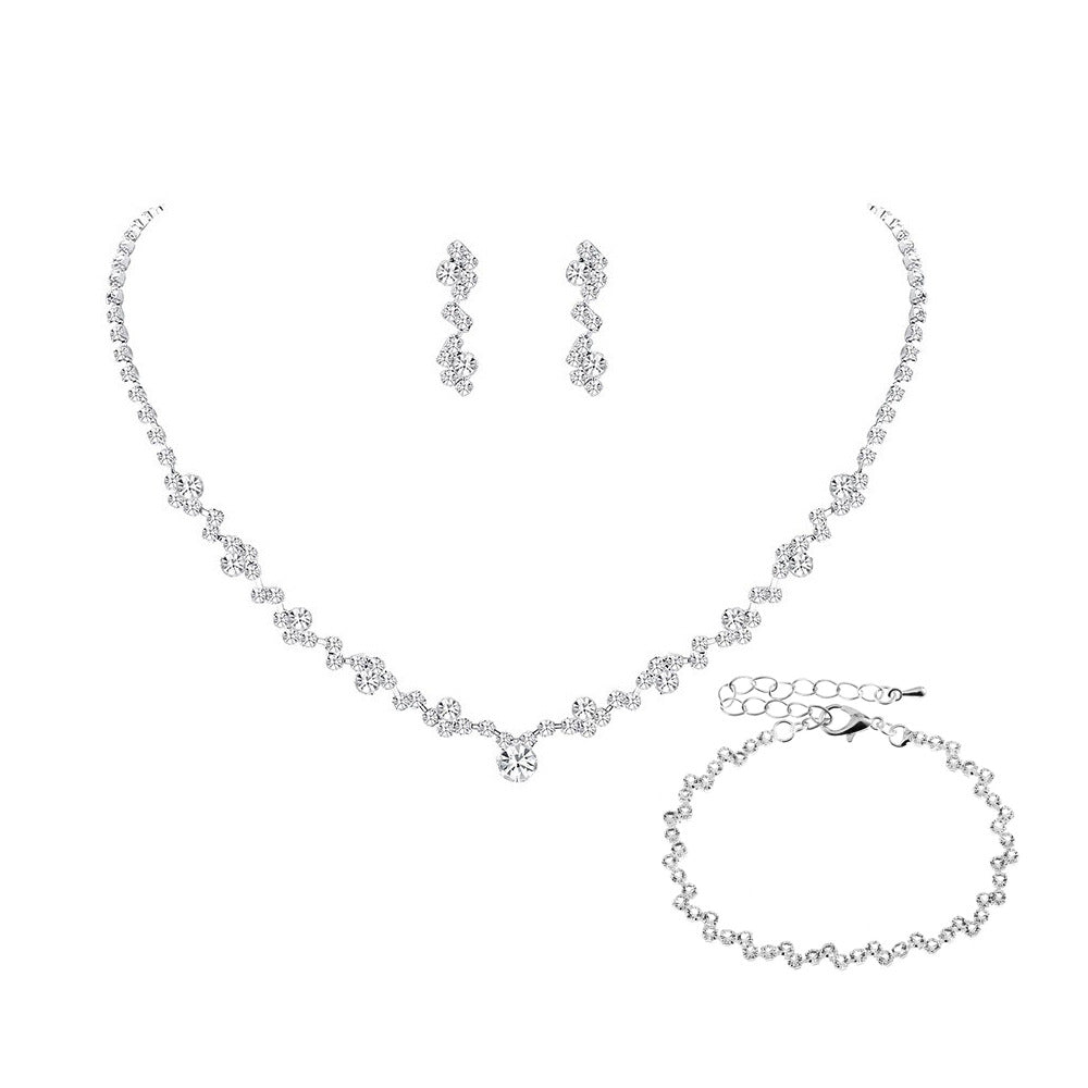 Silver Necklace Earrings Bracelet Crystal Bridal Wedding Jewelry Sets for Brides Bridesmaid Prom Costume Accessories for Women