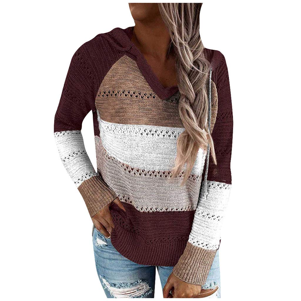 Women's Hoodies Color Block Knit Sweaters Long Sleeve V Neck Drawstring Loose Pullover Sweatshirts Streetwear