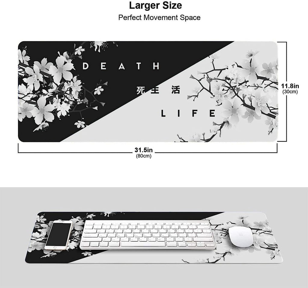 Black and White Cherry Blossom Gaming Mouse Pad XL, Extended Stitched Edges,Large Mouse Mat Desk Pad, Long Non Slip Rubber Base Mice Pad