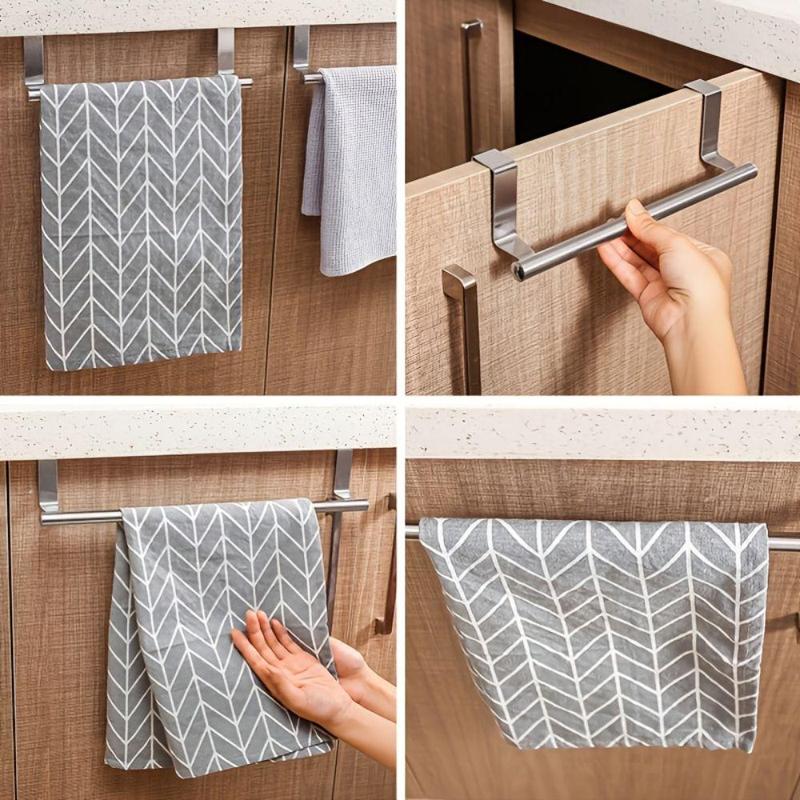 1 Piece Kitchen Cabinet Door Towel Holder, Stainless Steel Over Door Storage Hanger, Punch-free Cabinet Towel Bar, Home Organizer