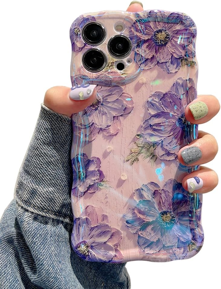 Case for iPhone 13 Pro Max, Colorful Retro Oil Painting Printed Flower Laser Glossy Pattern Cute Curly Wave Edge Exquisite, Stylish Durable TPU Protective Phone Cover for Girls Women