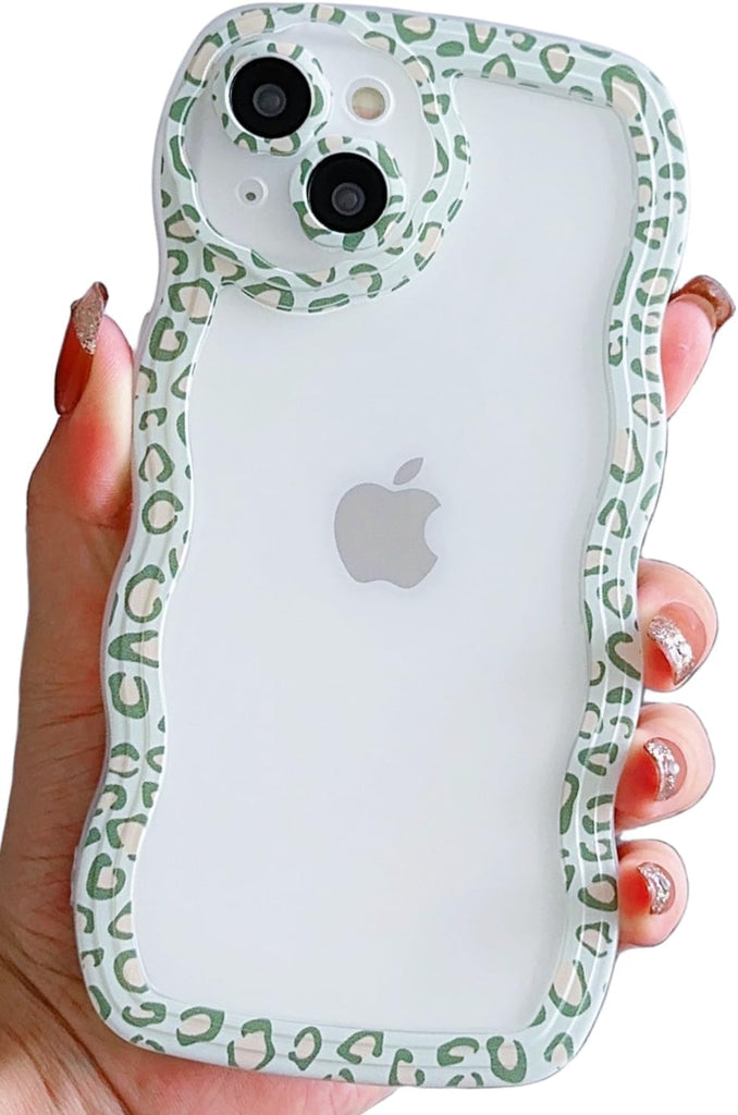 Compatible with iPhone 14 Plus Case Clear with Green Leopard Print Frame Design for Men Women Girls,Aesthetic Cute Wavy Soft Shockproof Cell Phone Cover for 14 Plus