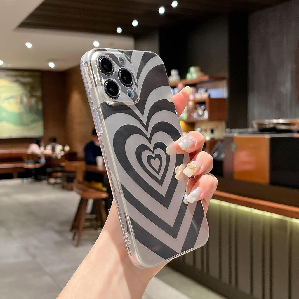 Case for iPhone 11, Cute Electroplated Multi-Layer Love Heart Pattern Latte Valentines Art Aesthetic Swirl Graphic Phone Case Slim Shockproof Hard PC Bumper Cover for Girls Women