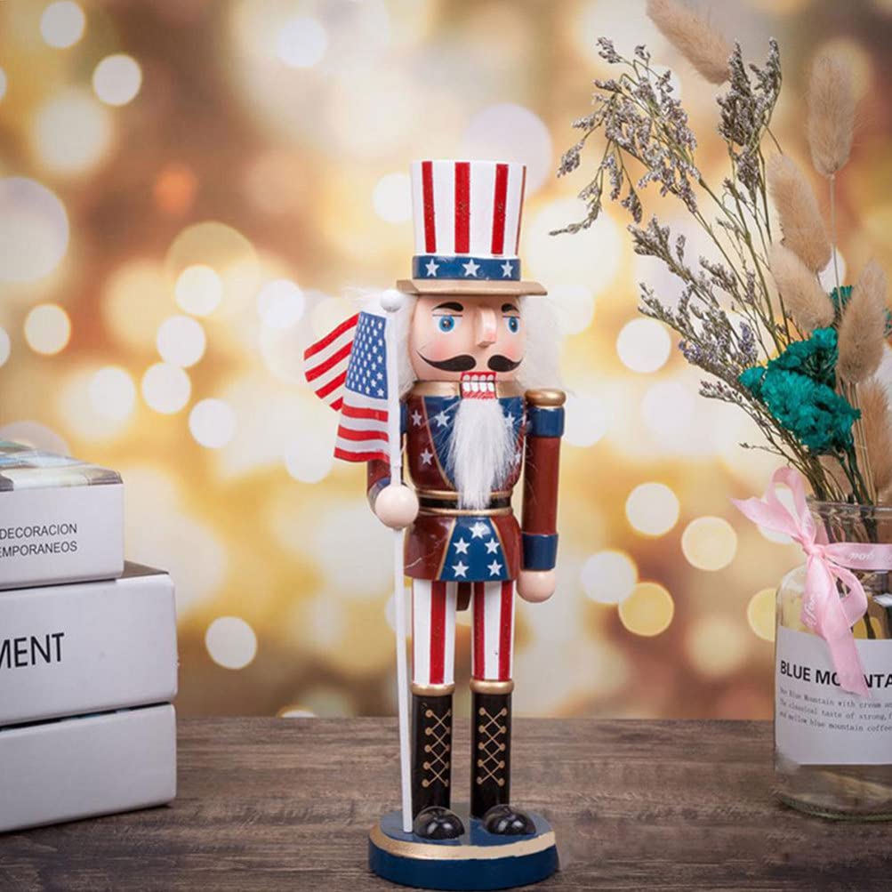 1pc Nutcracker Soldier Ornament Wooden Walnut Soldier Ornament Patriotic Nutcracker Christmas Party Decoration Nutcracker Christmas Decor Desktop USA Flags Painted Doll Lotus Tree