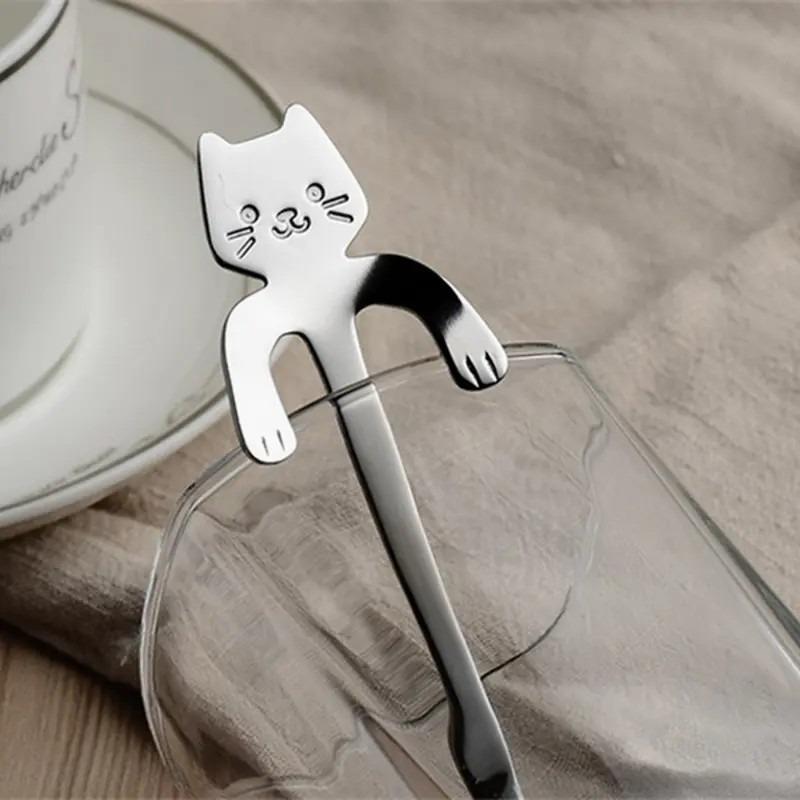 1 Piece Stainless Steel Cat Design Hanging Spoon, Coffee Tea Cup Spoons For Home Use