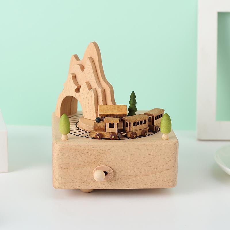 Wooden Music Box with Moving Small Train, Wood Music Box Birthday Home Decoration for Christmas Gifts