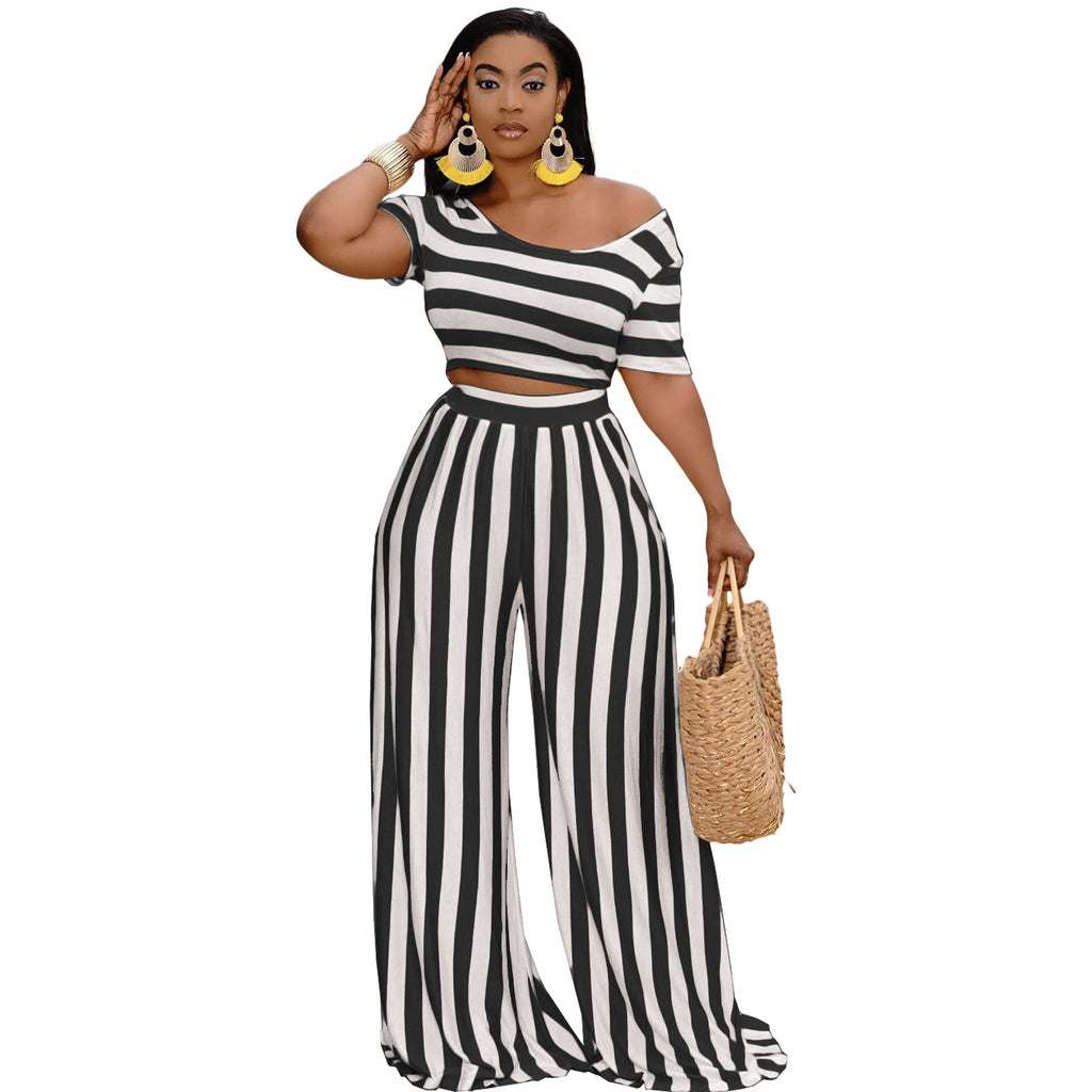 European and American Fashion Navel Striped Wide-Leg Pants Two-Piece Suit