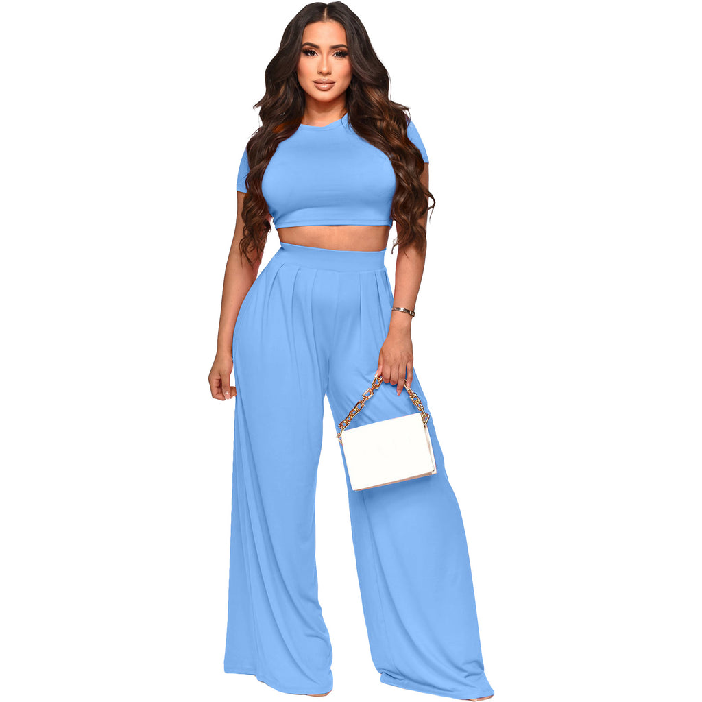 European and American Fashion Navel Solid Color Wide-Leg Pants Two-Piece Suit