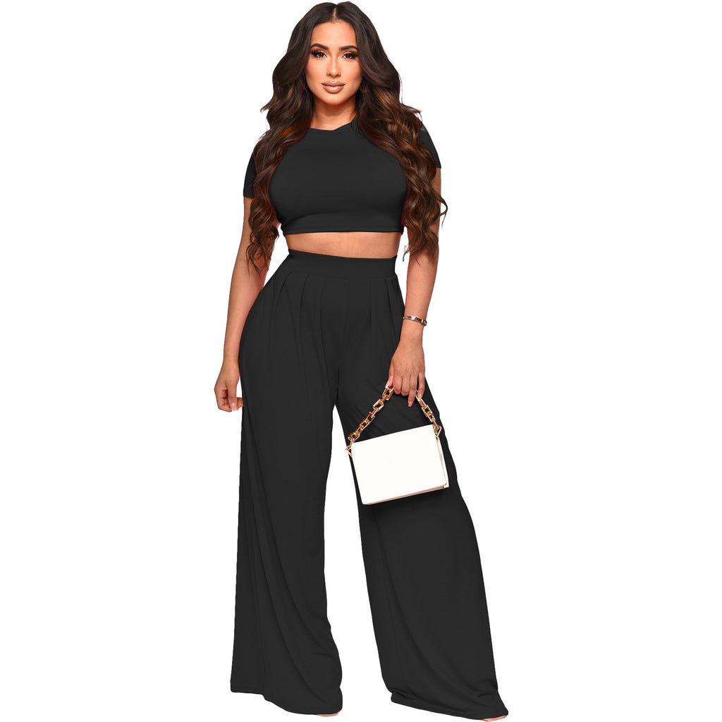 European and American Fashion Navel Solid Color Wide-Leg Pants Two-Piece Suit