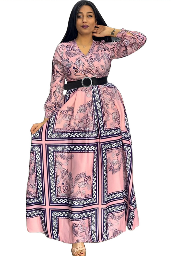 Women's Positioning Printed round Neck Swing Dress with Belt Large Size Dress