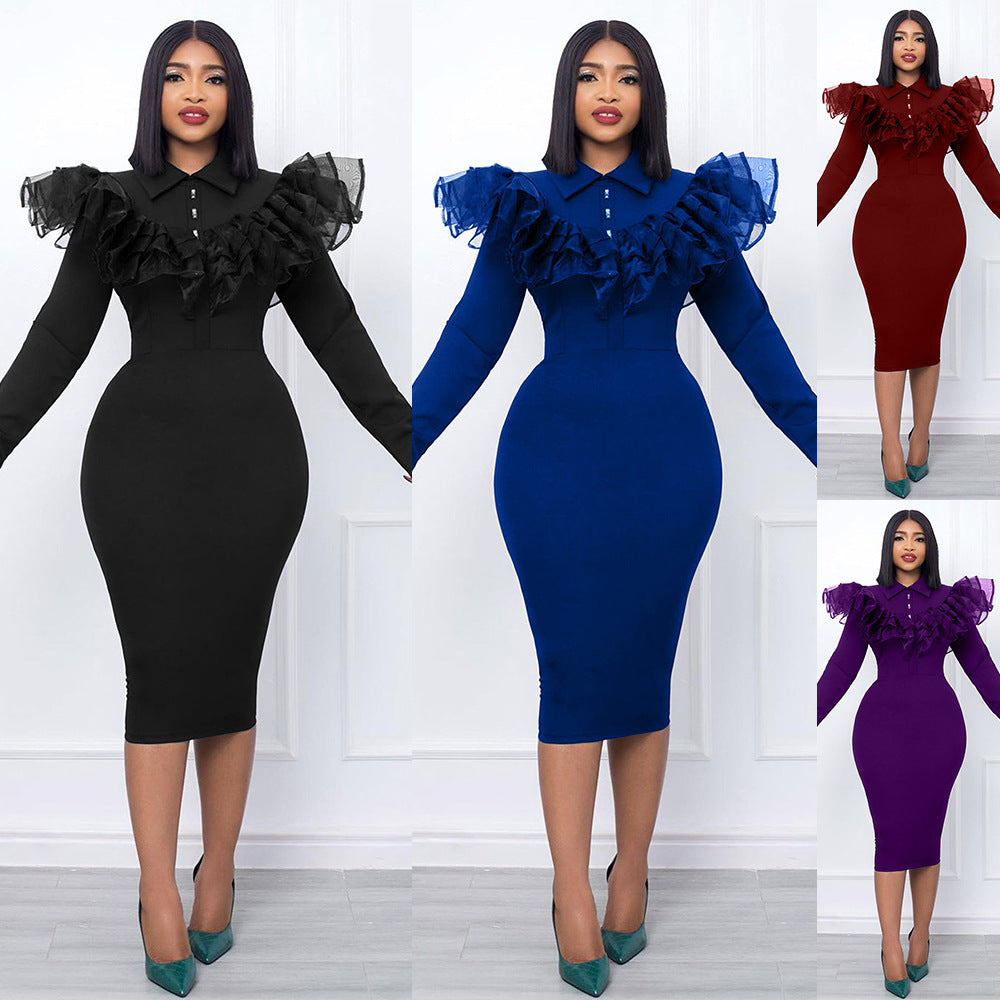 Dress Shirt Collar Stitching Ruffled Pencil Dress Dress