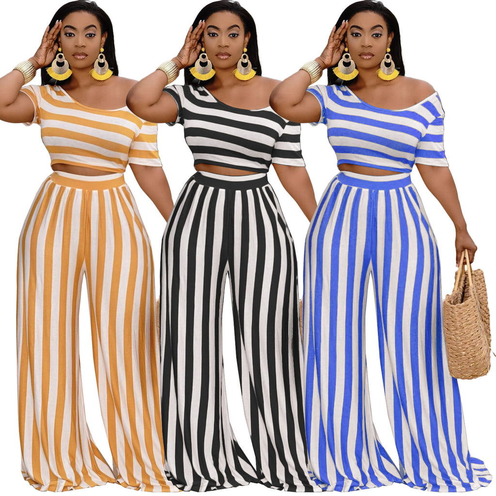 European and American Fashion Navel Striped Wide-Leg Pants Two-Piece Suit