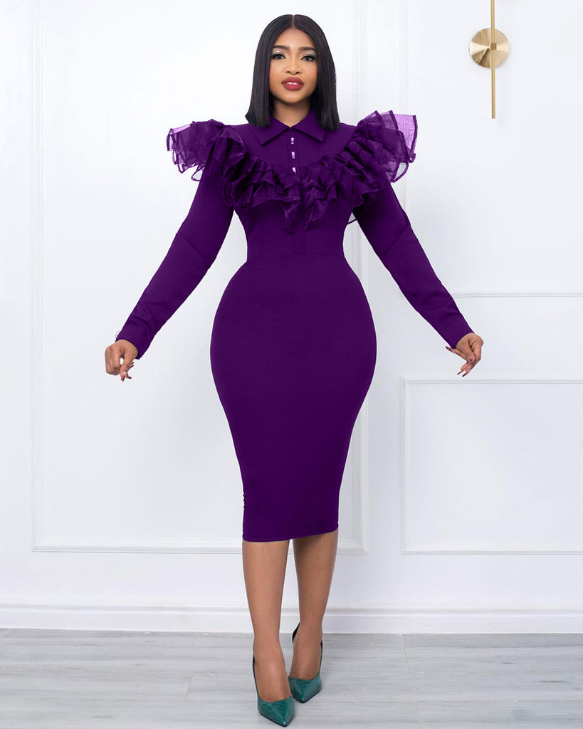 Dress Shirt Collar Stitching Ruffled Pencil Dress Dress