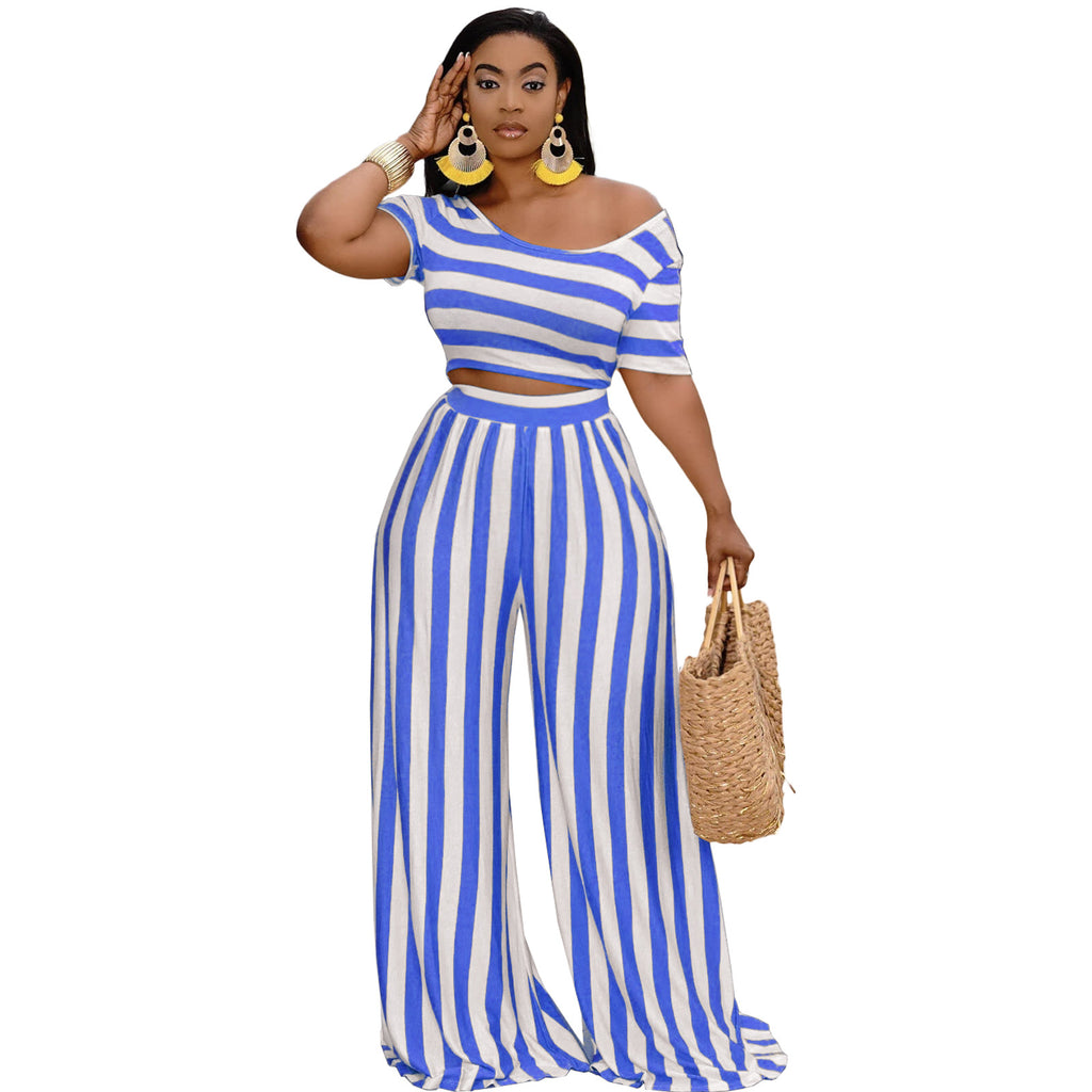 European and American Fashion Navel Striped Wide-Leg Pants Two-Piece Suit