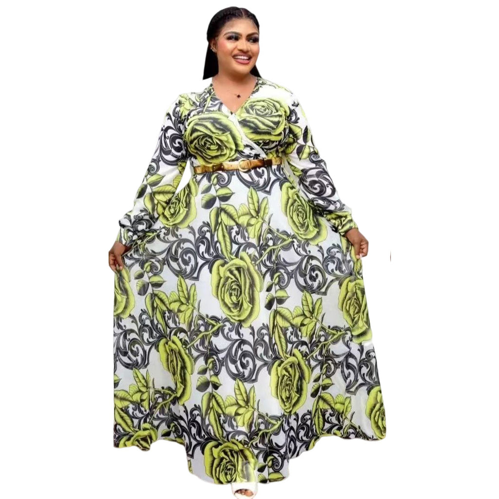 African Large Size New Women's Dress V-neck Swing Skirt without Belt