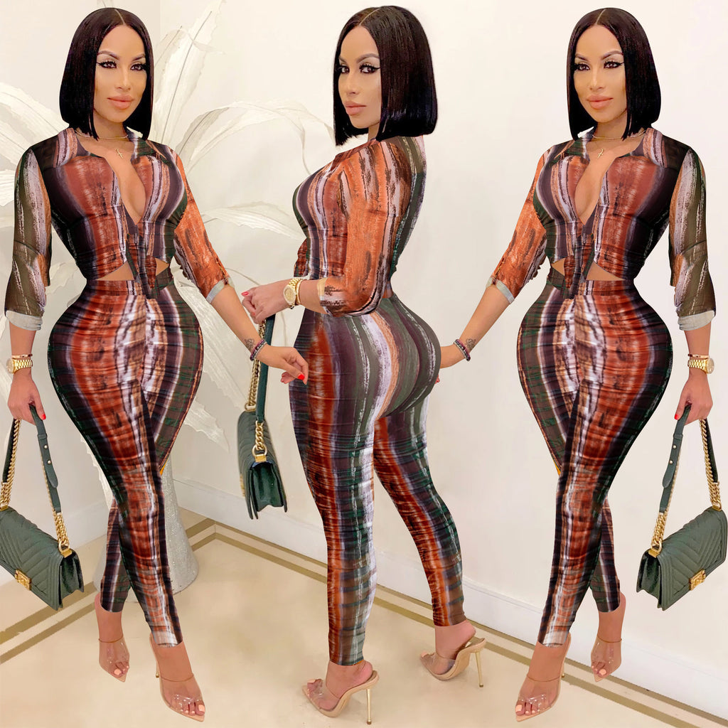 Women's New Printed Shirt Collar Long-Sleeved Trousers Two-Piece Set