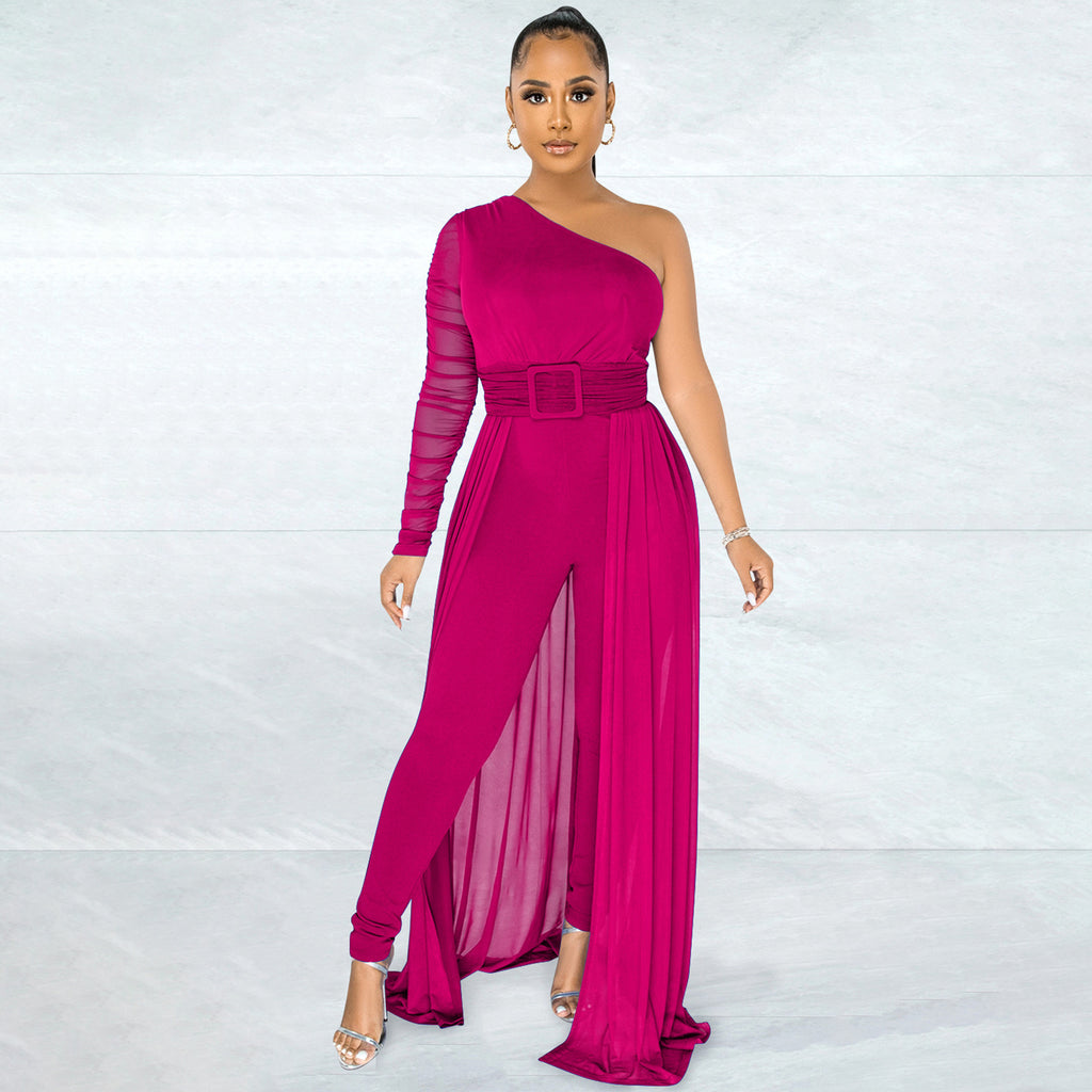 Women's Slant-Shoulder Mesh Long-Sleeved Tight Jumpsuit with Belt