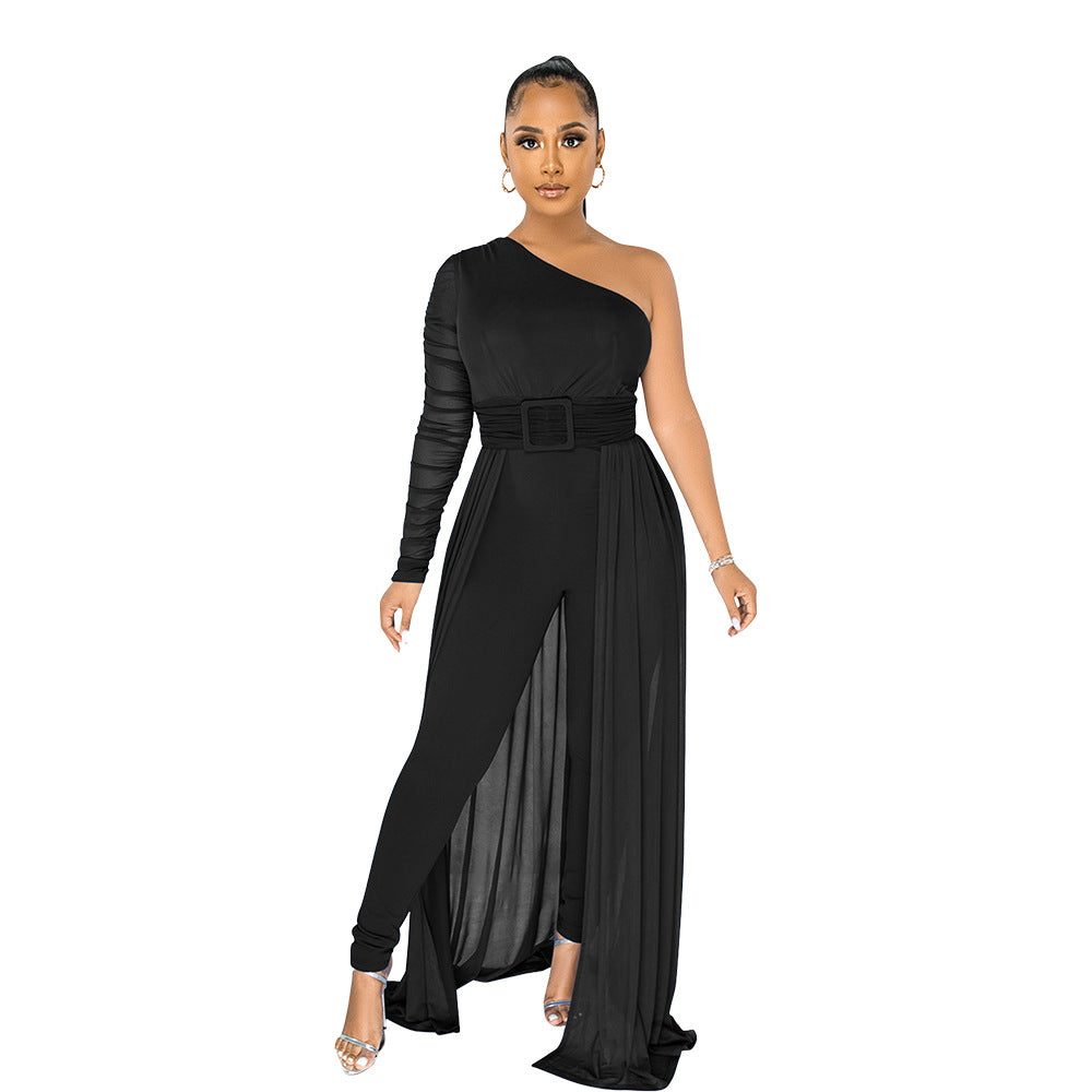 Women's Slant-Shoulder Mesh Long-Sleeved Tight Jumpsuit with Belt