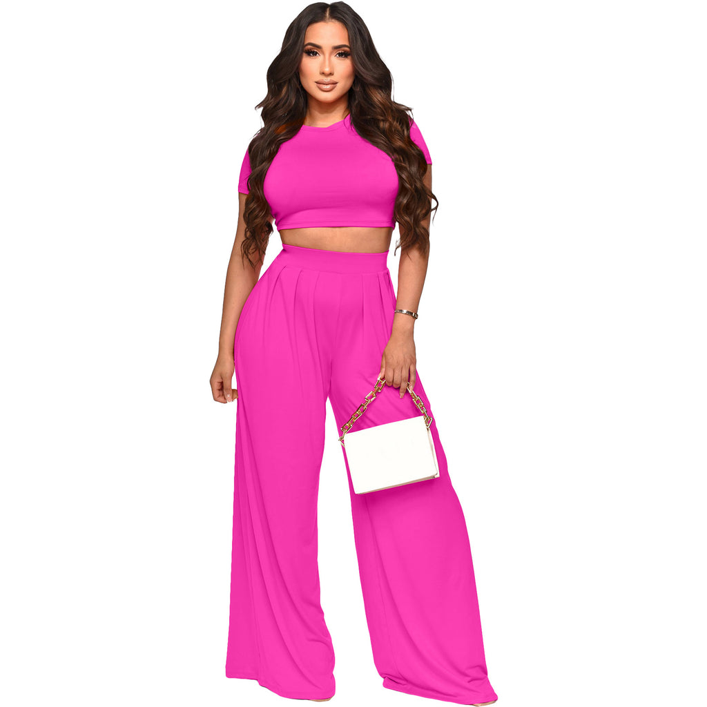 European and American Fashion Navel Solid Color Wide-Leg Pants Two-Piece Suit