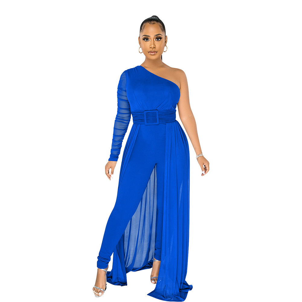 Women's Slant-Shoulder Mesh Long-Sleeved Tight Jumpsuit with Belt