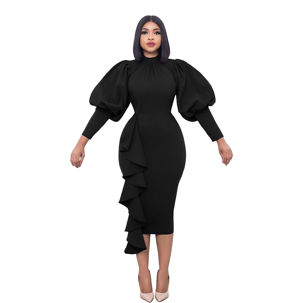 Elegant Women's Long-Sleeved Ruffled Hip Skirt Dress