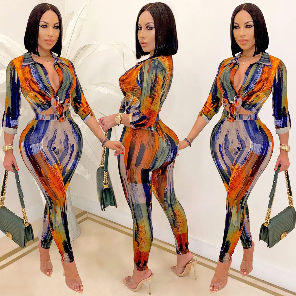 Women's New Printed Shirt Collar Long-Sleeved Trousers Two-Piece Set